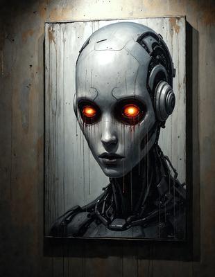 The primary subject of the image is a robot with a human-like face. The robot has a distinctive appearance, featuring a mix of mechanical and human-like features. The setting is a room with a wall, and the visual style is a combination of digital art and illustration. The colors and mood of the image are dark and mysterious, with the robot's face being the main focal point.